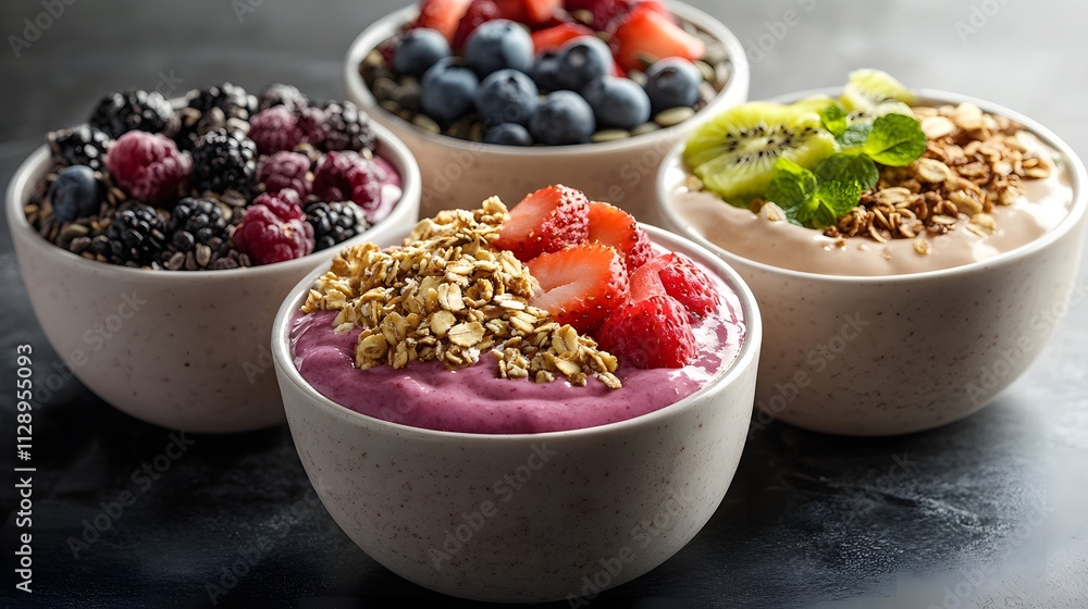 Assorted smoothie bowls with fresh fruits and granola toppings. Assorted smoothie bowls with fresh fruits and granola toppings.