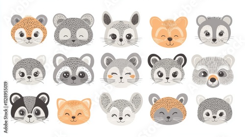 A thorough modern depiction of endearing animal faces from zoos, wild settings, farms, pets, rodents, and reptiles, all created in a kawaii style on a white background, appropriate for baby graphics.