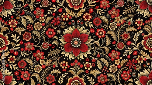 Elegant Bohemian Inspired Repeating Pattern with Intricate Floral Designs in Rich Red and Black for Artistic and Creative Projects in Fashion Photography