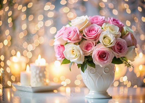 Elegant Bouquet of Pink and White Roses in a White Vase with Soft Bokeh Lights for Weddings and Special Events, Perfect Floral Arrangement for Celebrations and Decor