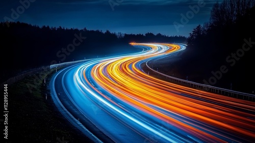 This abstract cityscape shows light trails on the motorway at night, created using a long exposure.