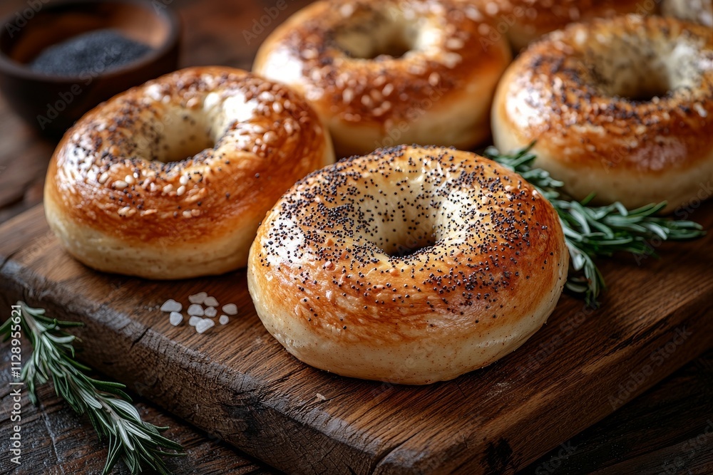 A wooden board adorned with freshly baked bagels and sesame seeds is just right for breakfast menus, posters, and culinary blogs. A wooden board adorned with freshly baked bagels and sesame seeds is just right for breakfast menus, posters, and culinary blogs.