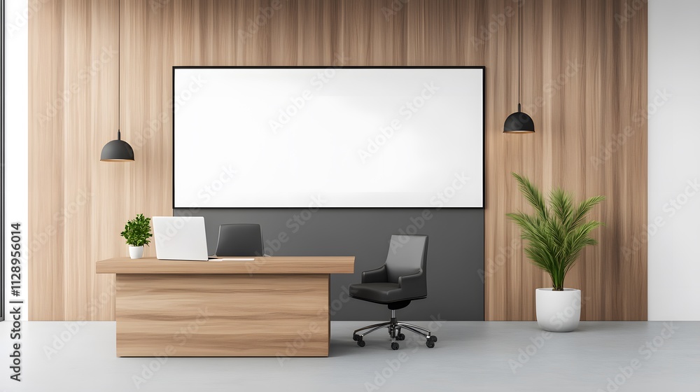 Bright office setup with a well-organized desk, modern decor, and ergonomic seating, 3D rendering Bright office setup with a well-organized desk, modern decor, and ergonomic seating, 3D rendering