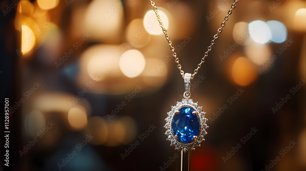 A platinum necklace with a sapphire pendant radiating under warm lighting on a display stand. A platinum necklace with a sapphire pendant radiating under warm lighting on a display stand.