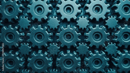 A close-up view of interlocked gears, showcasing a textured surface and industrial design, emphasizing mechanics and engineering.