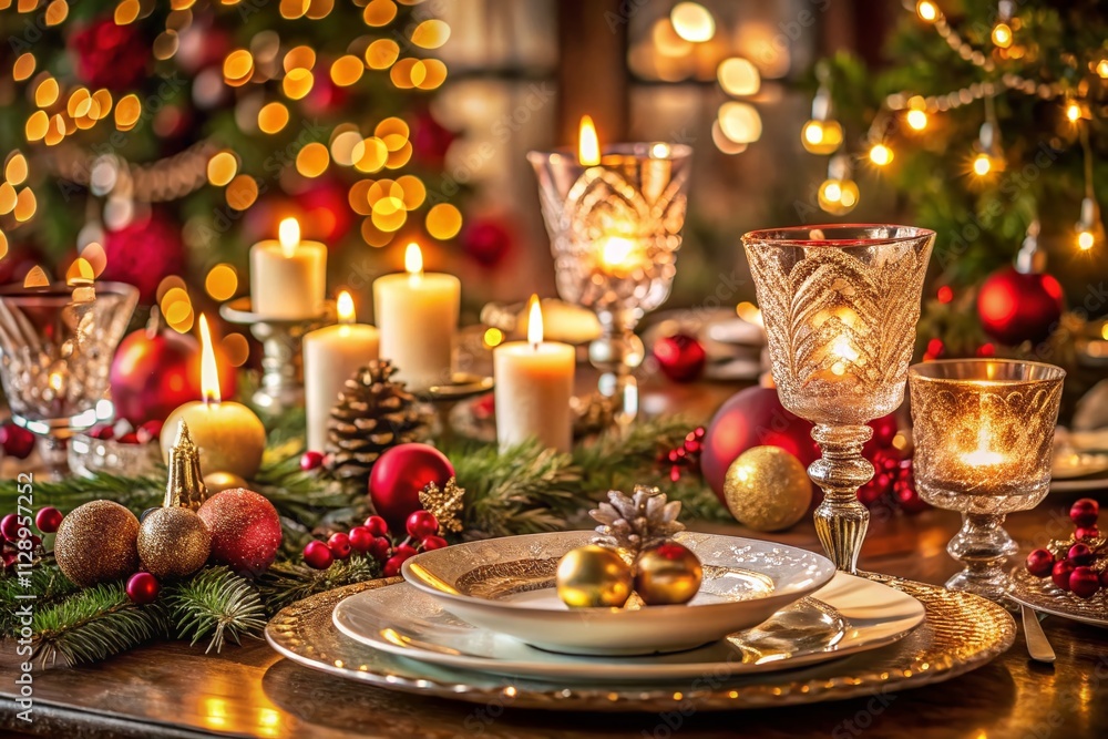Elegant Christmas Table Setting with Gorgeous Tableware, Festive Decorations, and a Warm Ambiance Perfect for Holiday Gatherings and Celebrations in a Cozy Dining Room Elegant Christmas Table Setting with Gorgeous Tableware, Festive Decorations, and a Warm Ambiance Perfect for Holiday Gatherings and Celebrations in a Cozy Dining Room