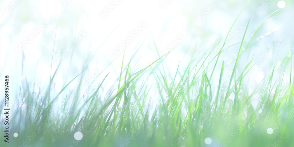 Fototapeta premium Bright wet grass background with copy space