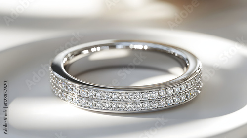 A platinum wedding band set with micro-pave diamonds arranged in a sleek white ceramic case. photo