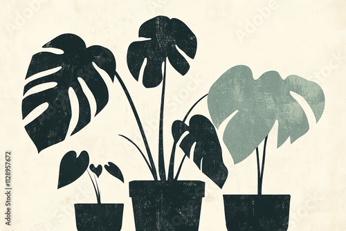 Three potted plants with leaves are shown in a black and white photo photo