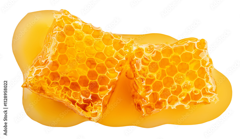 Honeycombs isolated on white background. Sweet Honeycomb chunk with flowing honey syrup. Top view. Flat lay Honeycombs isolated on white background. Sweet Honeycomb chunk with flowing honey syrup. Top view. Flat lay