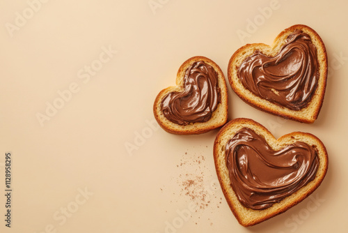 Slices of heart-shaped bread covered with chocolate icing, lying on a beige background, create a romantic and delicious breakfast.