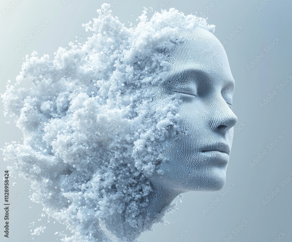 A 3D illustration of an abstract human face, depicted as a head formed from cubes, used as a stock concept. A 3D illustration of an abstract human face, depicted as a head formed from cubes, used as a stock concept.