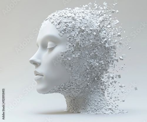 A conceptual stock image featuring an abstract human face, rendered in 3D with a head constructed from cubes.