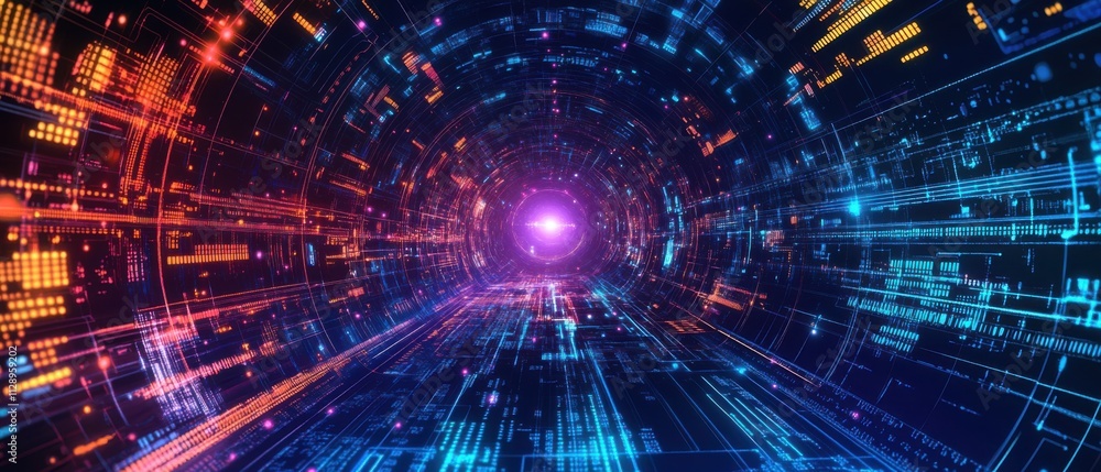 Futuristic Digital Tunnel: Abstract Technology Background with Neon Lights Futuristic Digital Tunnel: Abstract Technology Background with Neon Lights