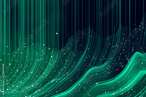 Green and blue abstract energy background with wavy lines and sparkles on black with copy space