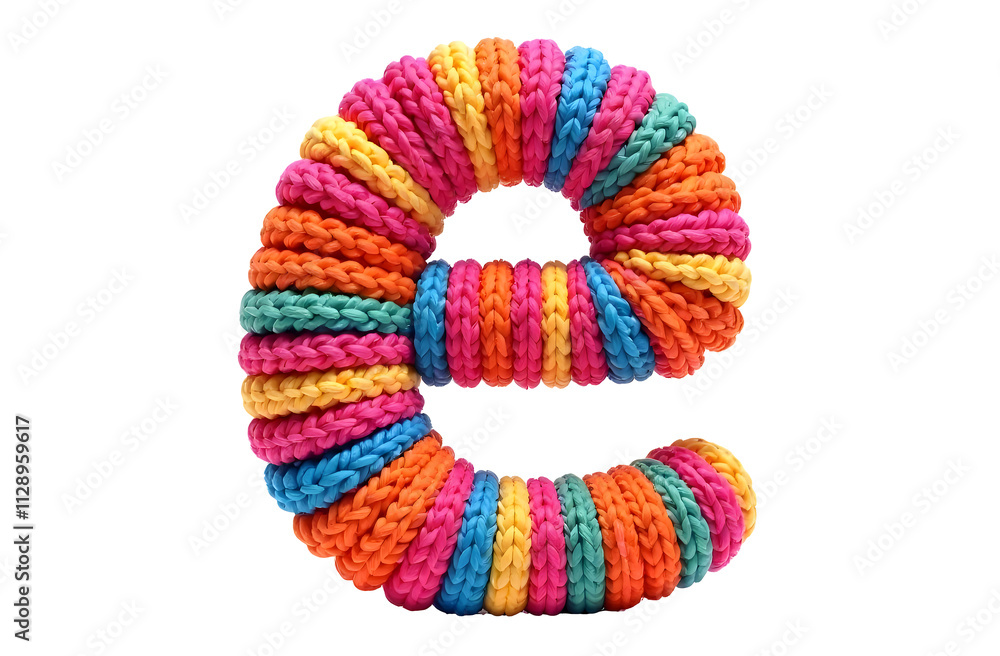 Colorful knitted letter e made from vibrant yarn in various shades displayed on a white background Colorful knitted letter e made from vibrant yarn in various shades displayed on a white background