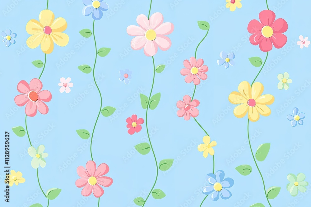 A blue background with a bunch of flowers in various colors A blue background with a bunch of flowers in various colors