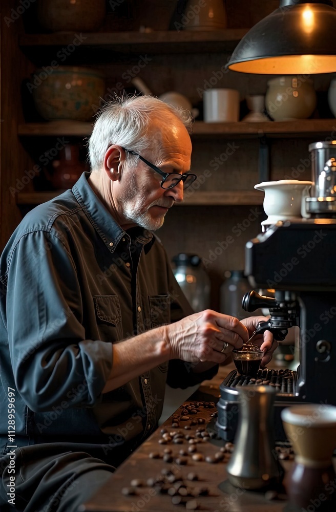 Old man brewing coffee in a small home café, carefully grinding beans, deep in thought, surrounded by vintage coffee-making tools Old man brewing coffee in a small home café, carefully grinding beans, deep in thought, surrounded by vintage coffee-making tools