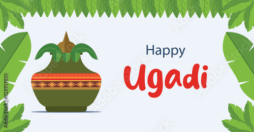 Happy Ugadi Festival with leaf framed background, Ugadi celebration in india, India new year festival, andhra pradesh, Hindu new year, invitation,