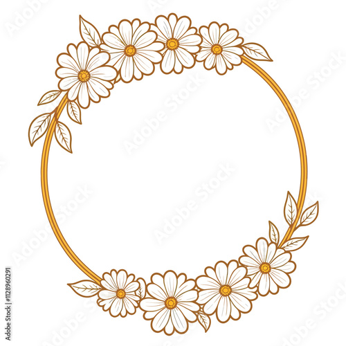 Round golden floral wreath frame with hand drawn flowers and leaves decoration