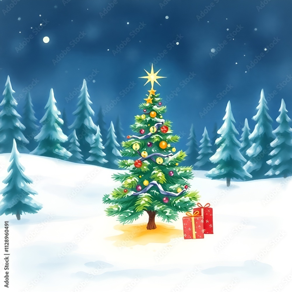 Obraz premium Christmas Tree On Snow At Night With Shiny Star And Gift Boxes In Winter Forest - Winter Abstract Landscape