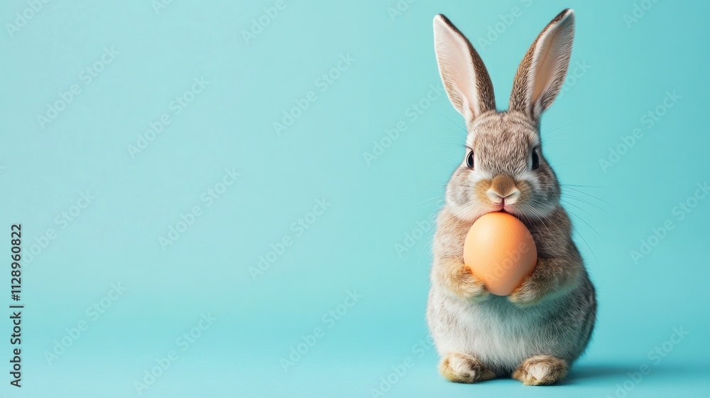 Fototapeta premium A cute rabbit holding an orange egg against a light blue background, symbolizing Easter.