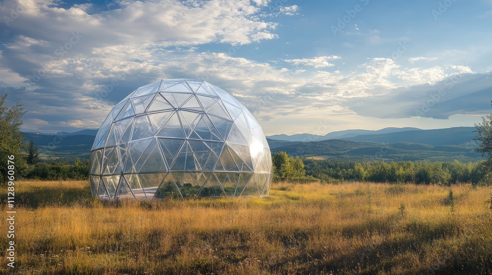 A lightweight, translucent geodesic dome with a modular design, standing in an open field, showcasing its temporary nature A lightweight, translucent geodesic dome with a modular design, standing in an open field, showcasing its temporary nature