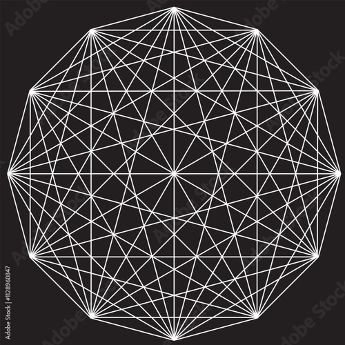 Illustration Dodécagone Couleurs Noir et Blanc  Géométrie Sacrée Cercle Lumière Fréquence Vecteur