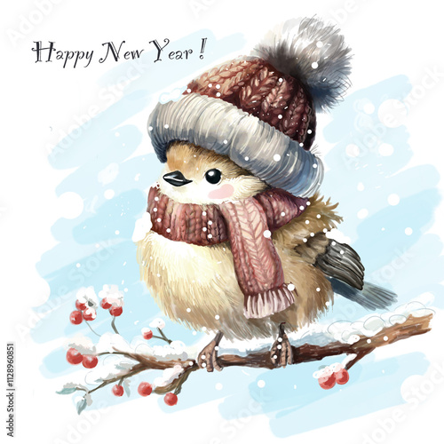Wallpaper Mural "Winter: a little bird sitting on a branch, wearing a hat and scarf. Happy New Year!" Torontodigital.ca