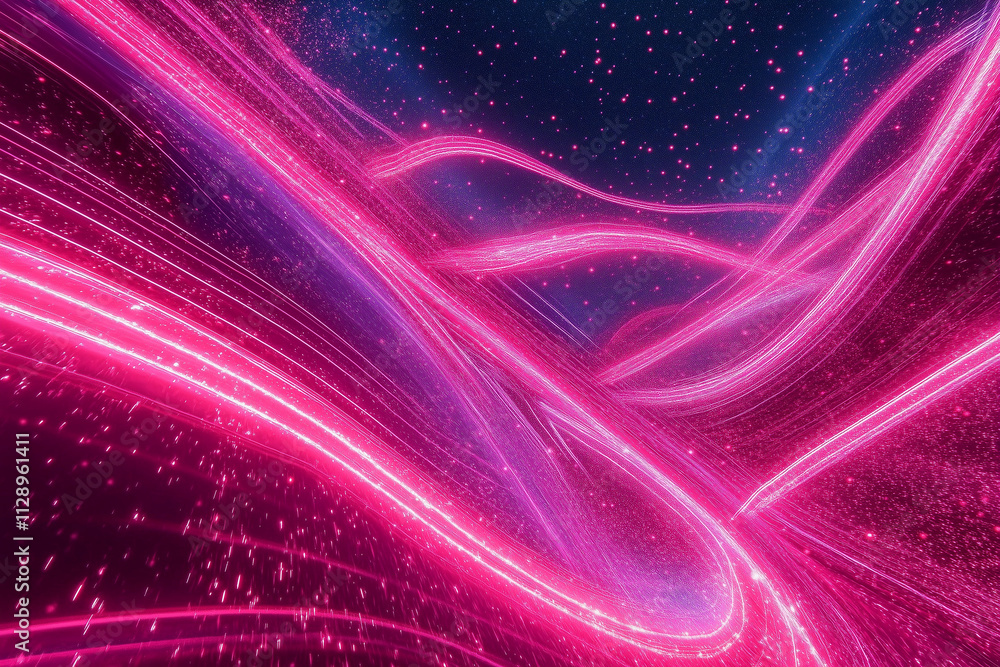 Obraz premium Purple and red abstract energy background with wavy lines and sparkles on black with copy space