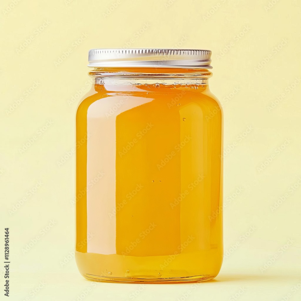 Blank honey jar with a glossy finish, set on a pale yellow studio background evoking a warm tone Blank honey jar with a glossy finish, set on a pale yellow studio background evoking a warm tone