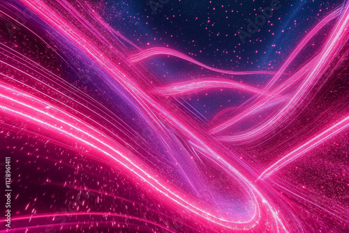 Purple and red abstract energy background with wavy lines and sparkles on black with copy space