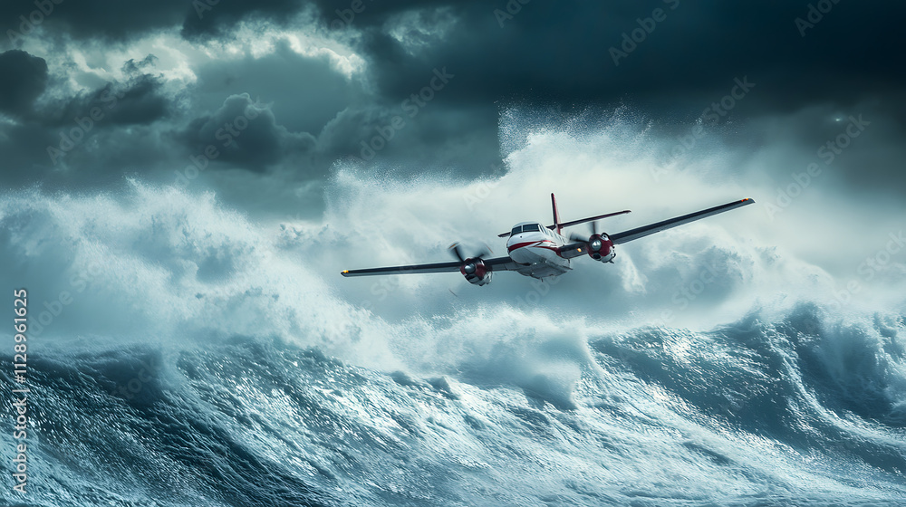 A search and rescue plane flying low over turbulent ocean waves during a storm. A search and rescue plane flying low over turbulent ocean waves during a storm.