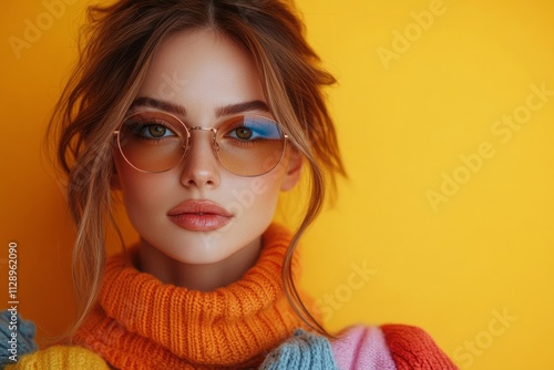 stylish woman in colorful sweater and sunglasses for fashion campaigns and creative branding