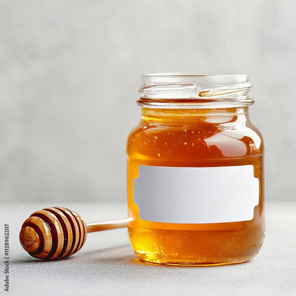 Honey jar with blank wraparound label, placed on a textured light-gray studio background Honey jar with blank wraparound label, placed on a textured light-gray studio background