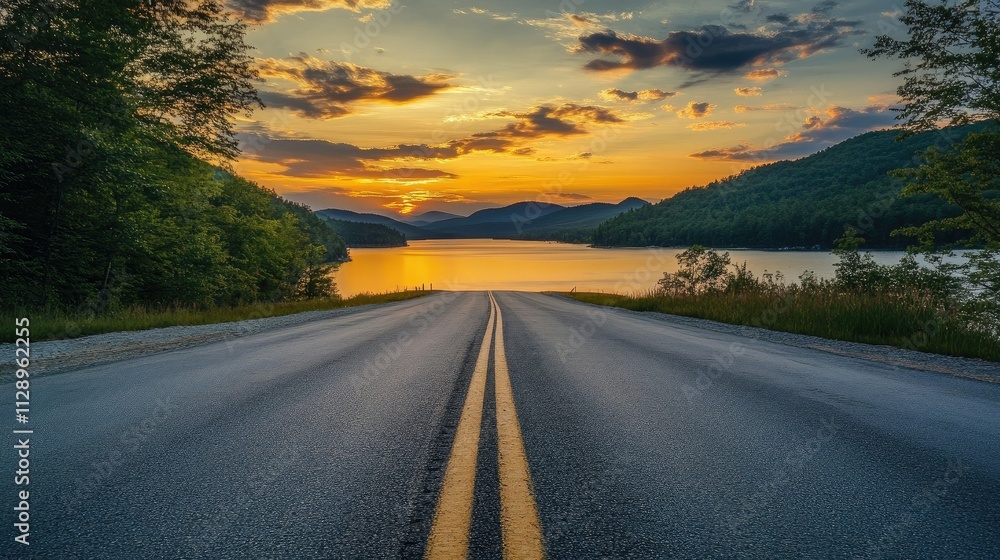 The empty road leading to the lake by sunset The empty road leading to the lake by sunset