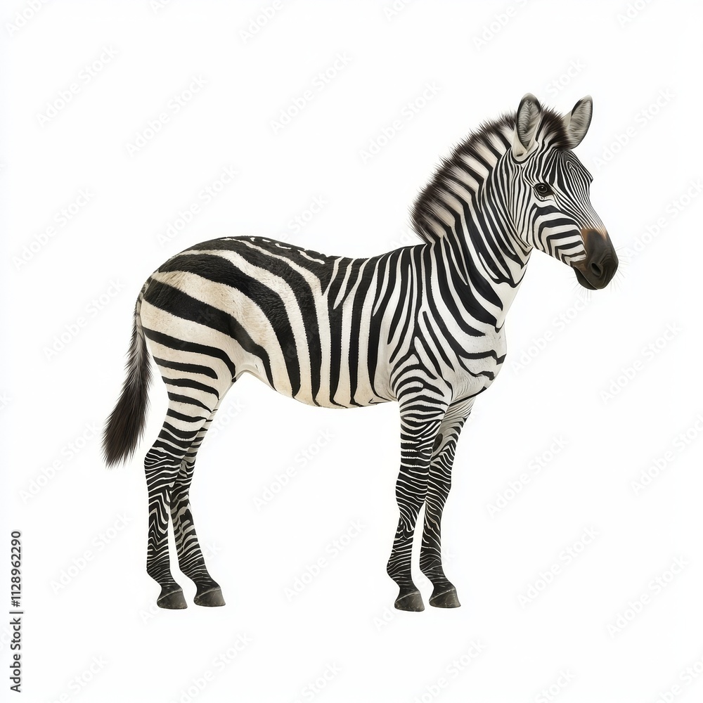 A zebra (Equus quagga) stands still, gazing at the camera, its stripes clearly visible. A zebra (Equus quagga) stands still, gazing at the camera, its stripes clearly visible.