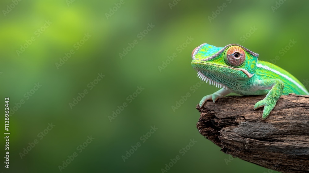 Colorful Green Lizard Sitting on Branch Against Blurred Green Background Colorful Green Lizard Sitting on Branch Against Blurred Green Background