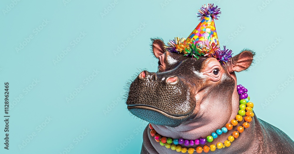 Obraz premium A unique animal design showcasing a hippo wearing a party cone hat, necklace, and bowtie on a pastel background, perfect for birthday party invites with room for text.