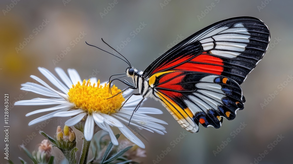 Fototapeta premium Vibrant Butterfly Resting on White Daisy Petals in Nature's Serene Environment
