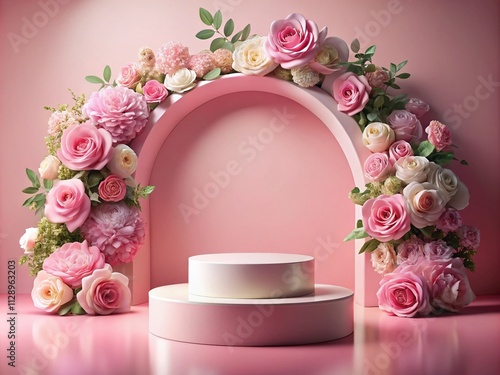 Elegant Floral Arch with Pink Podium for Cosmetics Display in Pastel Colors, Perfect for Advertising and Stage Backgrounds Featuring Roses and Free Space for Product Placement