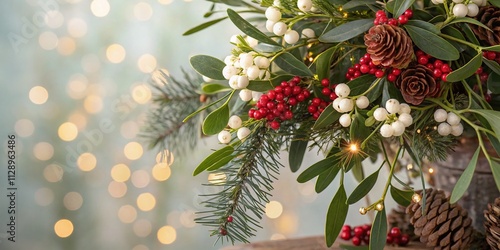 Elegant Floral Christmas Elements with Mistletoe in a Bokeh Effect, Showcasing Organic Art and Natural Beauty for Festive Designs and Celebrations