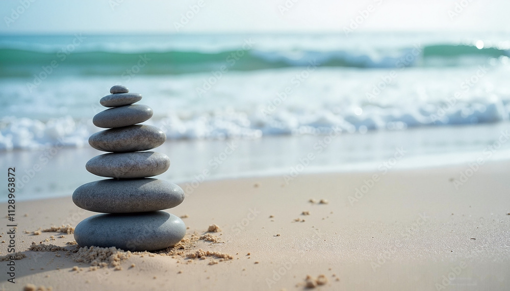 Fototapeta premium Zen Stone Stack on Sandy Beach with Ocean Waves in Background. Peaceful and Serene Coastal Scene for Meditation and Relaxation Concepts