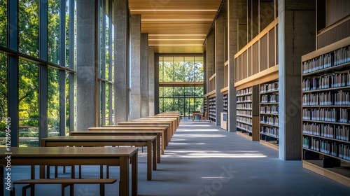 A photograph of a contemporary public library ,architectural photography, interior wide-angle perspective, unveiling open reading spaces and layered mezzanines. Diffused natural light