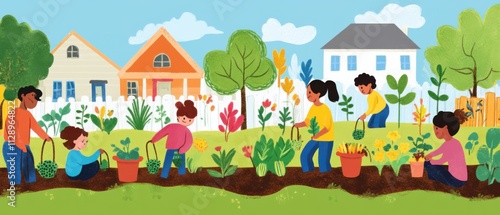 Diverse Children Joyfully Gardening in a Vibrant Community Garden