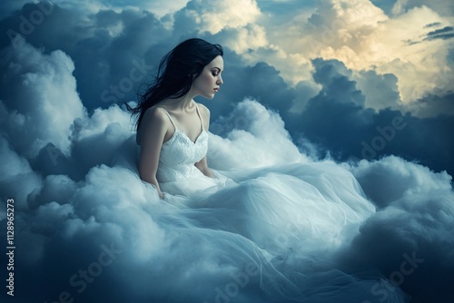 A woman with black hair, wearing a white dress, sitting peacefully on top of dark gray clouds with a deep blue sky around her, creating a surreal scene 3