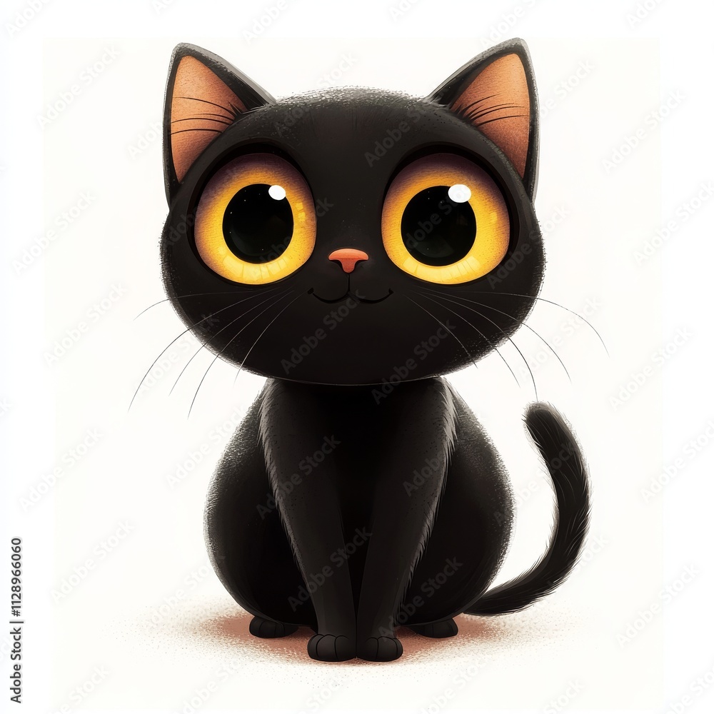 Obraz premium A black cat with yellow eyes perched on a clear background, isolated in PNG format.