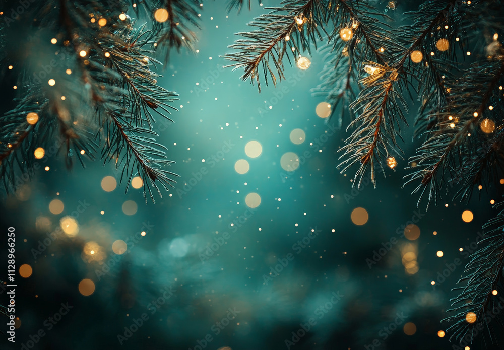 Pine tree branches with twinkling golden lights and a teal soft festive bokeh background Pine tree branches with twinkling golden lights and a teal soft festive bokeh background