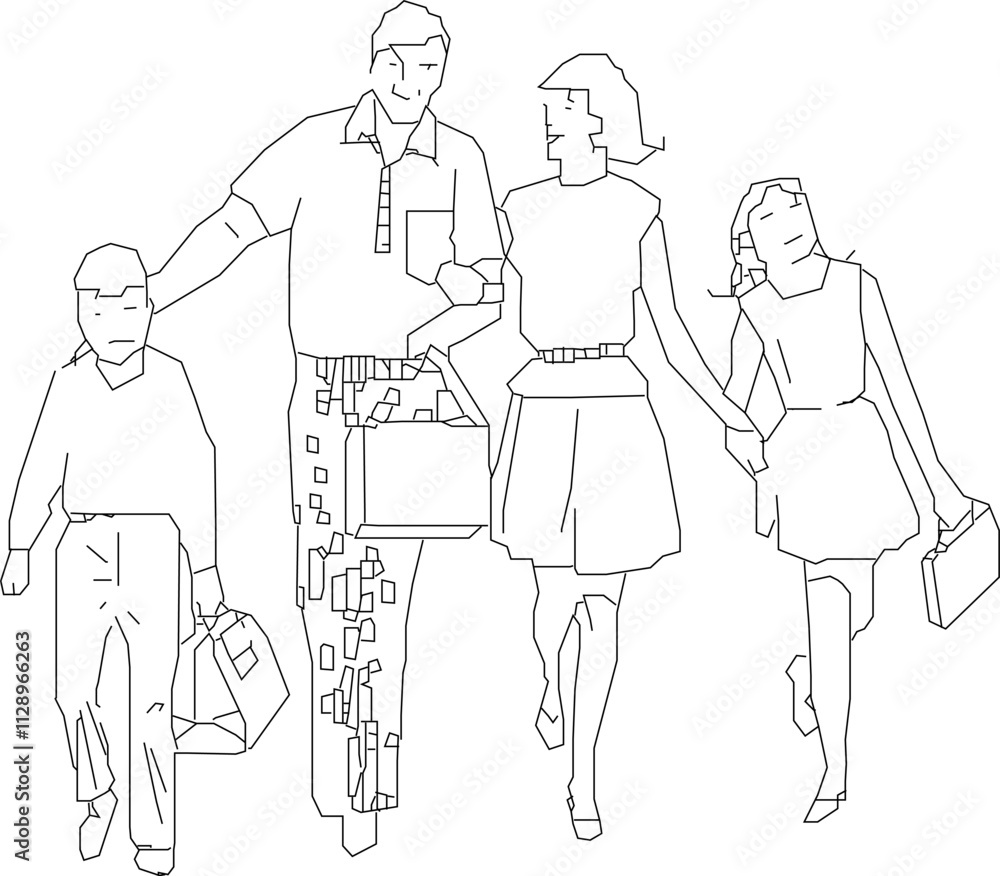 Vector sketch illustration, silhouette design, image of a small family walking down the street.eps Vector sketch illustration, silhouette design, image of a small family walking down the street.eps