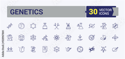 Genetics line web icon set. It contains symbols to science, modified, icons, lab, line, dna, pipette and more. Collection for mobile and web apps. Solid line editable vector illustration.